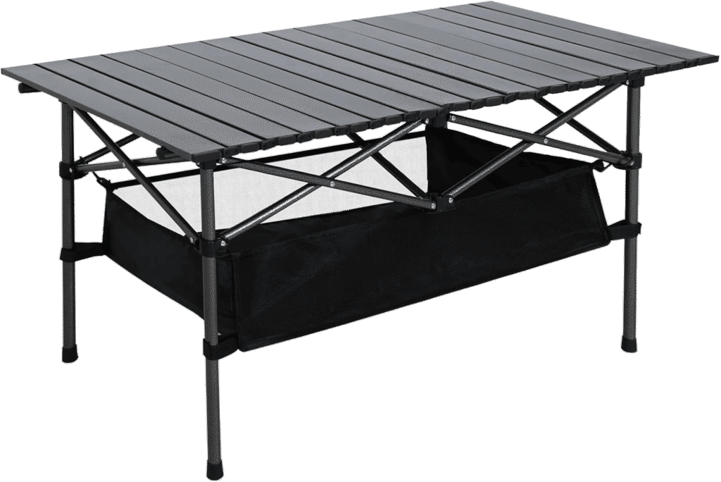 Mesa de camping plegable para exteriores con estructura metálica y repisa de almacenamiento de malla