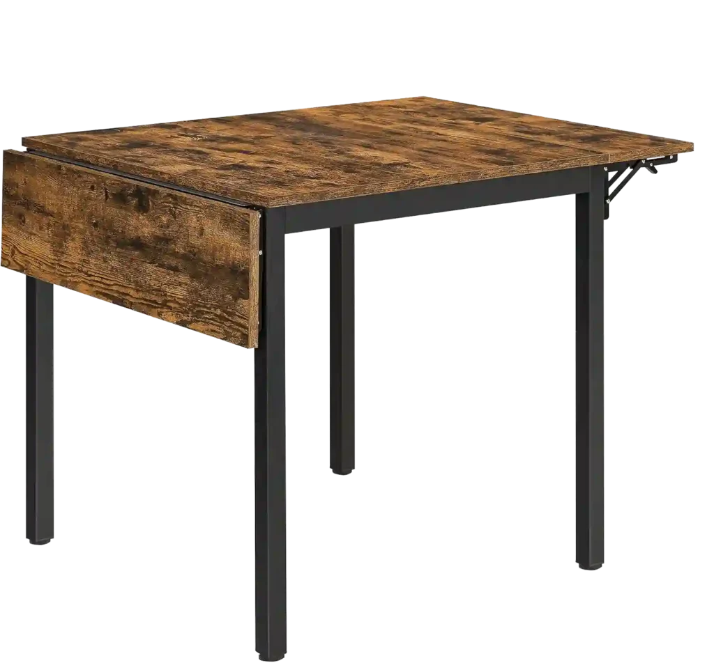 Comedor plegable VASAGLE de estilo industrial con tablero de madera rústica y estructura metálica negra, diseñada para adaptarse a diferentes espacios.