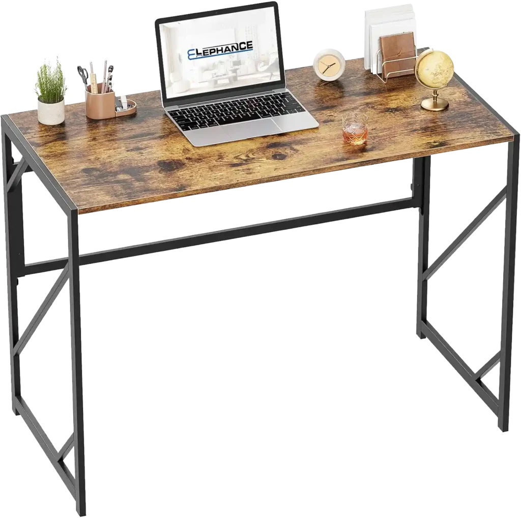 Escritorio plegable de estilo industrial con tablero de madera y estructura metálica negra, ideal para oficinas en casa o espacios de trabajo compactos.