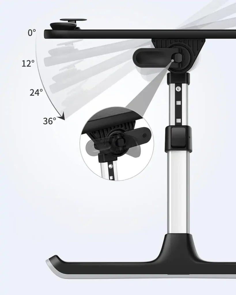 Mesa ajustable para laptop con ángulos de inclinación de 0°, 12°, 24° y 36°, con sistema de bloqueo integrado.