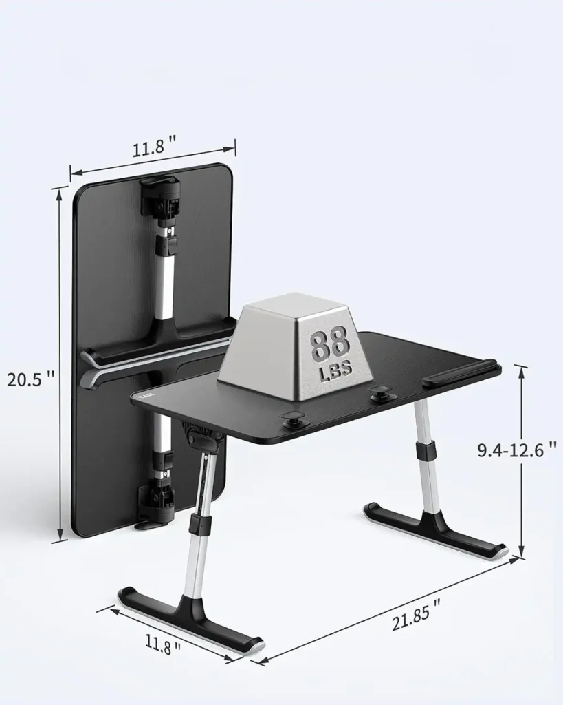 Mesa portátil para laptop con capacidad de carga de 88 libras, dimensiones y altura ajustable.
