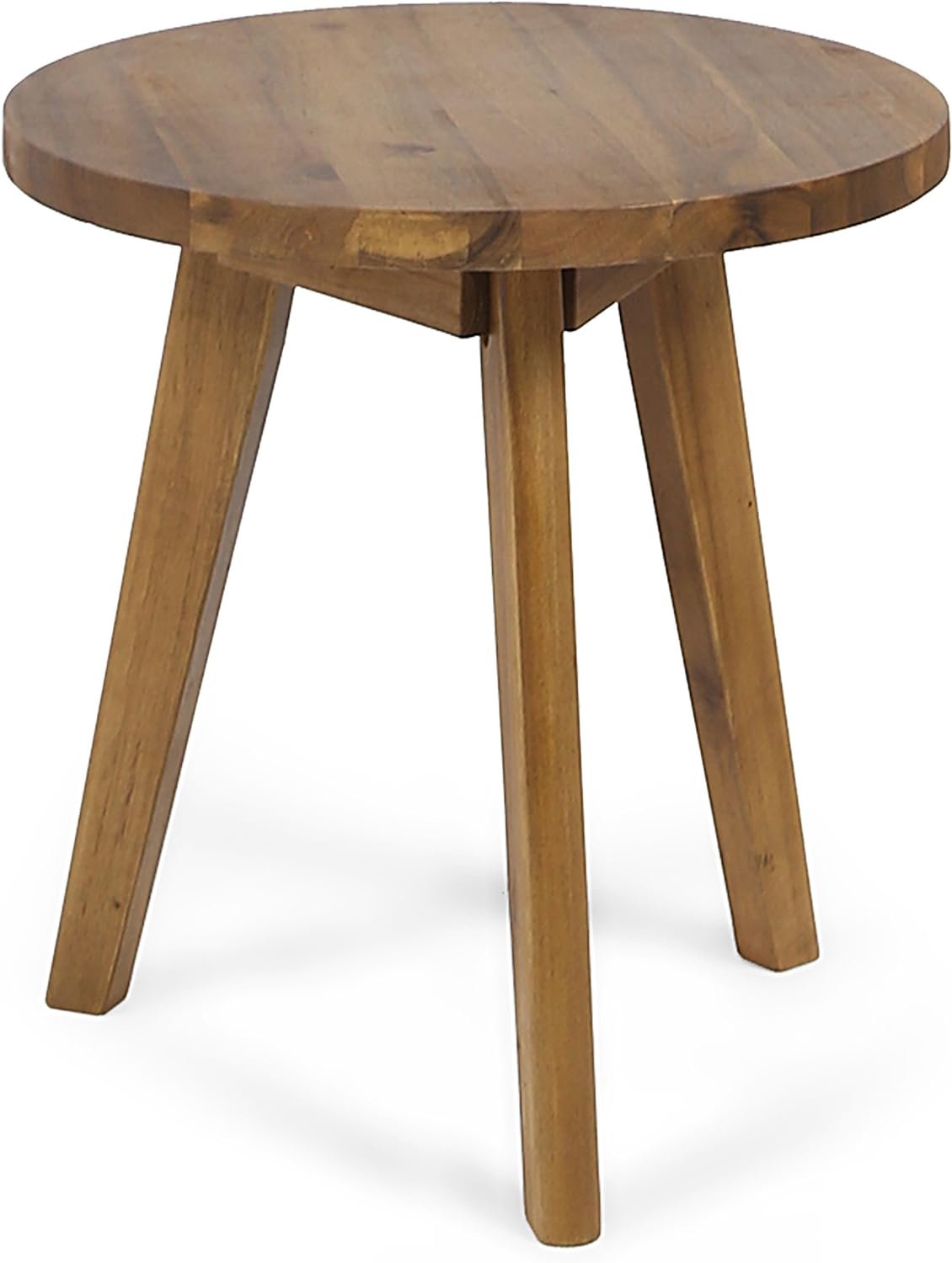 Mesa auxiliar redonda de madera con tres patas inclinadas, acabado natural y diseño rústico minimalista sobre fondo blanco.