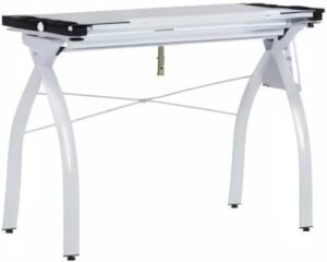 Restirador Plegable SD Studio Designs blanco en posición completamente horizontal, con estructura metálica curva y superficie de vidrio cerrada.