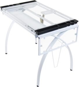 Restirador Plegable SD Studio Designs blanco con superficie de vidrio transparente en posición horizontal, estructura metálica curva y bandejas organizadoras negras para materiales de arte.