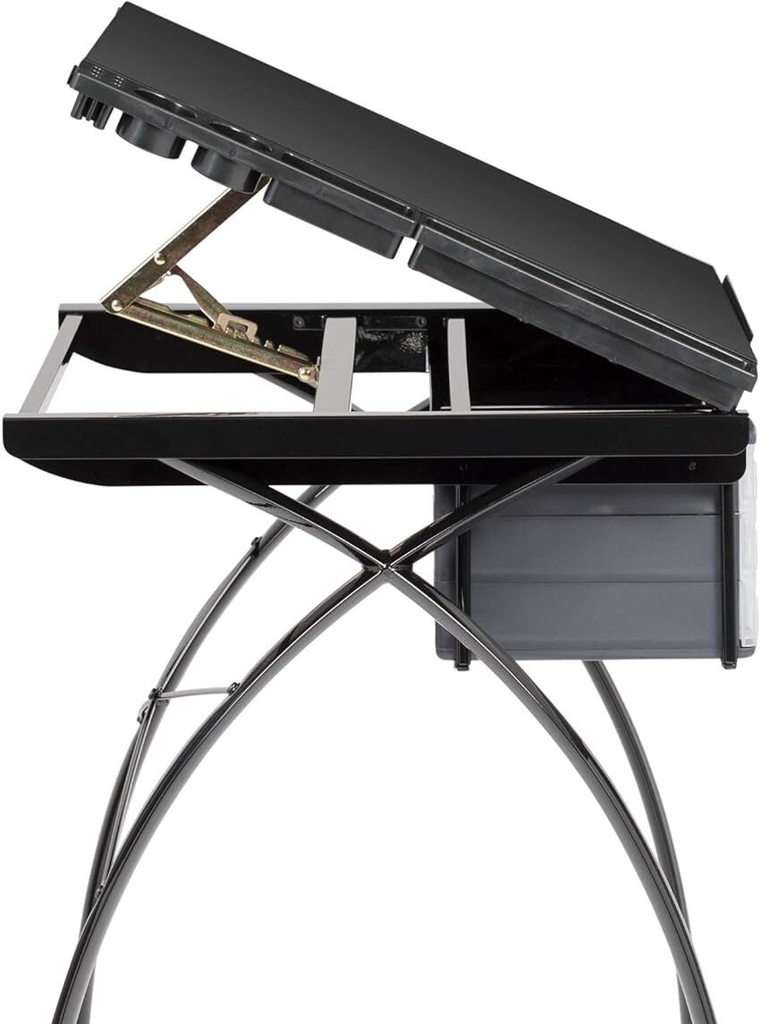 Restirador Plegable SD Studio Designs visto de lado con la superficie de vidrio negro inclinada, mostrando el mecanismo de ajuste y la estructura metálica curva con cajonera lateral.