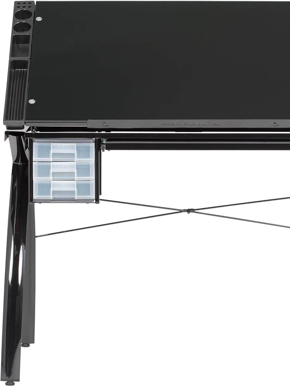 Restirador Plegable SD Studio Designs visto desde arriba, con superficie de vidrio templado negro, organizadores laterales para herramientas y cajonera de plástico con múltiples compartimentos.