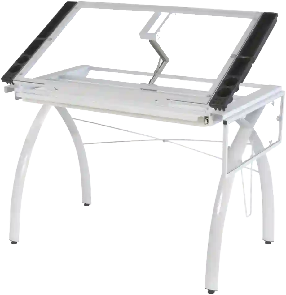 Restirador Plegable SD Studio Designs en color blanco con superficie de vidrio transparente inclinable, estructura metálica curva y organizadores laterales para materiales de dibujo.