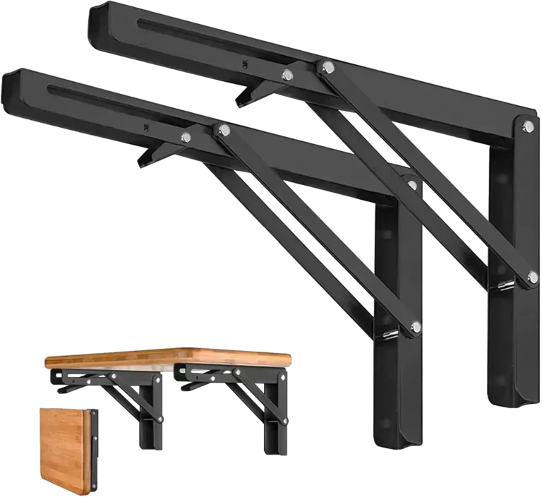 Set of black metal folding brackets for wall shelves or desks, with mounting screws and a wooden board installation example.