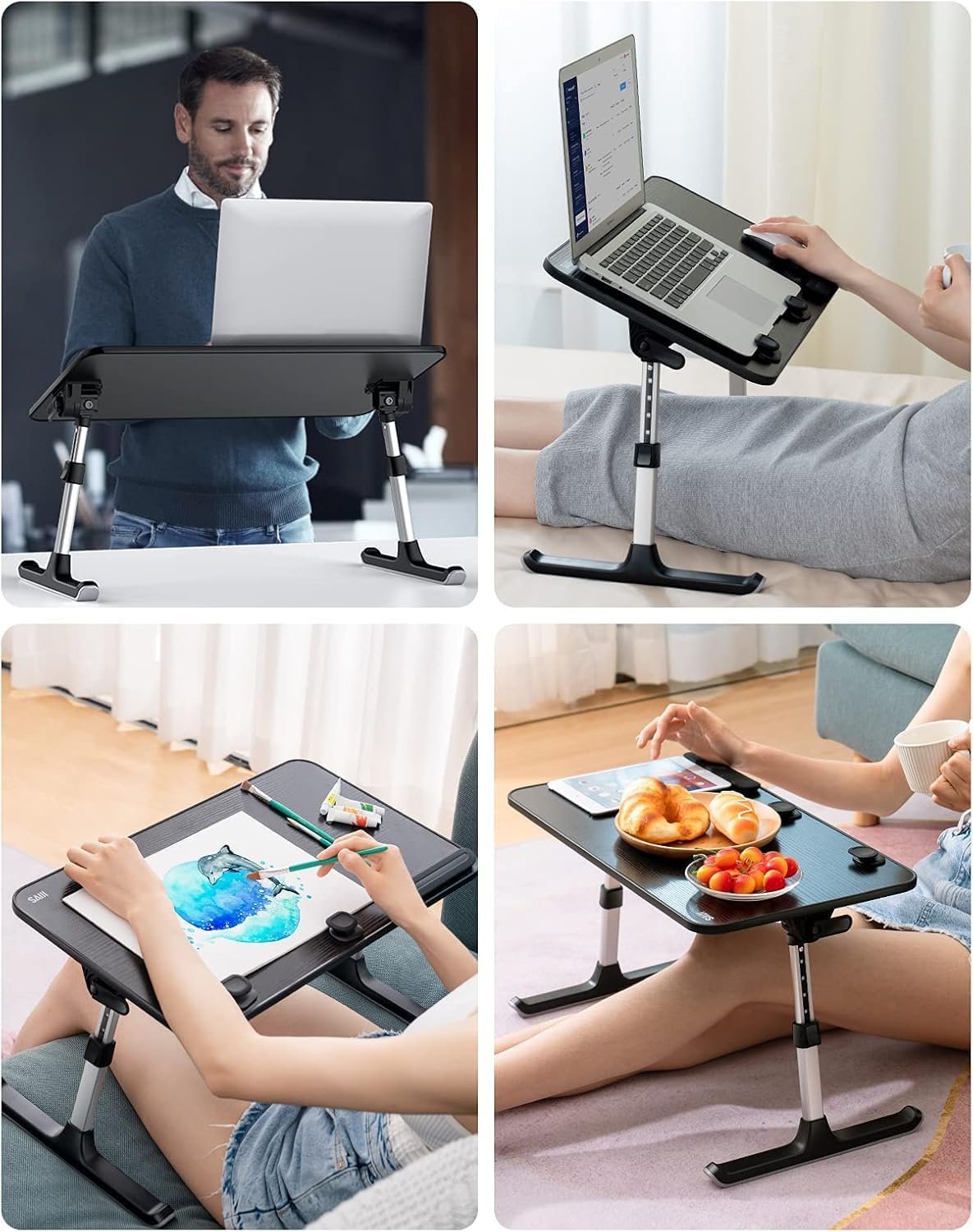 Mesa ajustable multifuncional para portátil usada en distintos contextos: trabajo, arte, lectura y desayuno.